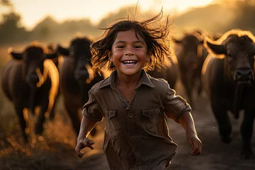 Foto op Canvas portrait of rural kids, happy face, running towards the camera, paddy field, Back lighting, golden hour, dusk, smile, buffalo, bokeh, beautiful paddy field landscape.generative ai © JKLoma