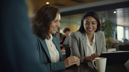 Fototapeta premium Shot of two businesswoman working together on digital tablet. Creative female executives meeting in an office using tablet pc and smiling.
