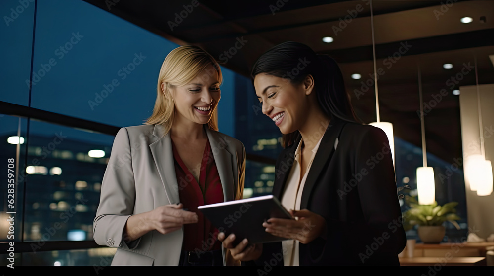 Sticker Shot of two businesswoman working together on digital tablet. Creative female executives meeting in an office using tablet pc and smiling.