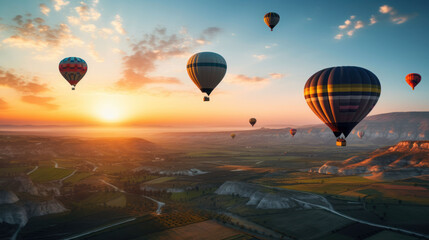 The Virtual shots of many hot air balloons in Türkiye during sunrise