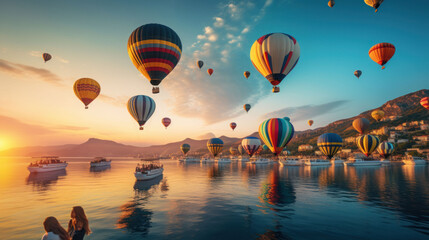 Virtual shots of many hot air balloons in the Türkiye during sunrise - obrazy, fototapety, plakaty