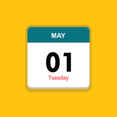 tuesday 01 may icon with yellow background, calender icon - obrazy, fototapety, plakaty