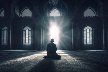 photograph of A religious muslim man praying inside the mosque telephoto lens realistic natural lighting .generative ai