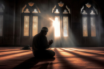 photograph of A religious muslim man praying inside the mosque telephoto lens realistic natural lighting . - obrazy, fototapety, plakaty