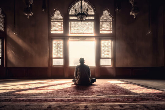 Fototapeta photograph of A religious muslim man praying inside the mosque telephoto lens realistic natural lighting .generative ai