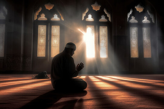 Fototapeta photograph of A religious muslim man praying inside the mosque telephoto lens realistic natural lighting .
