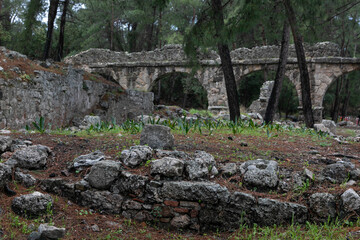 Huge stone arch in the middle of ancient ruins and ruined walls. The remains of ancient Lycia civilization, Phaselis antique city in Turkey. Mediterranean landscape