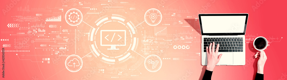 Poster web development concept with person using a laptop computer