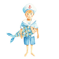 Cute little sailor boy in a marine suit with blue yellow fish. Watercolour nautical illustration for children. Hand painted on white background. For cards, posters, baby prints.