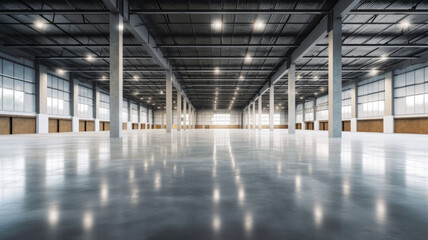 empty of modern factory for manufacturing production plant or large warehouse. Polished concrete floor clean condition and space for industry product