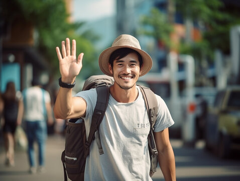 Asian man traveler smiling with backpack walking say hi in city. Portrait of man on street in Thailand.