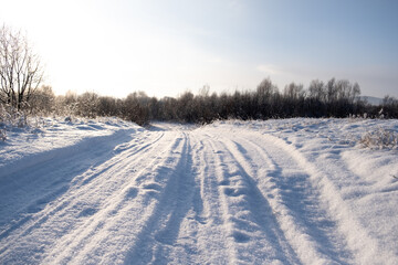winter expanses of Siberia, white snow and road