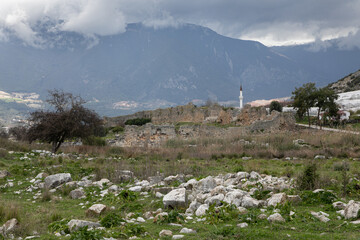 White stone ancient ruins and ruined walls. The remains of ancient Lycia civilization, Limyra...