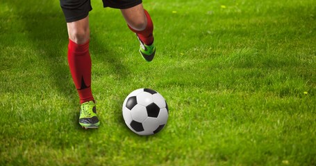 Sporty Boot and soccer or Football Ball at stadium