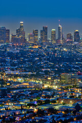 The skyline of downtown Los Angeles in California at night