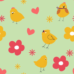 Small chicken and blooming flowers easter pattern