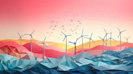 wind turbines farm in pastel color all made by Paper Art