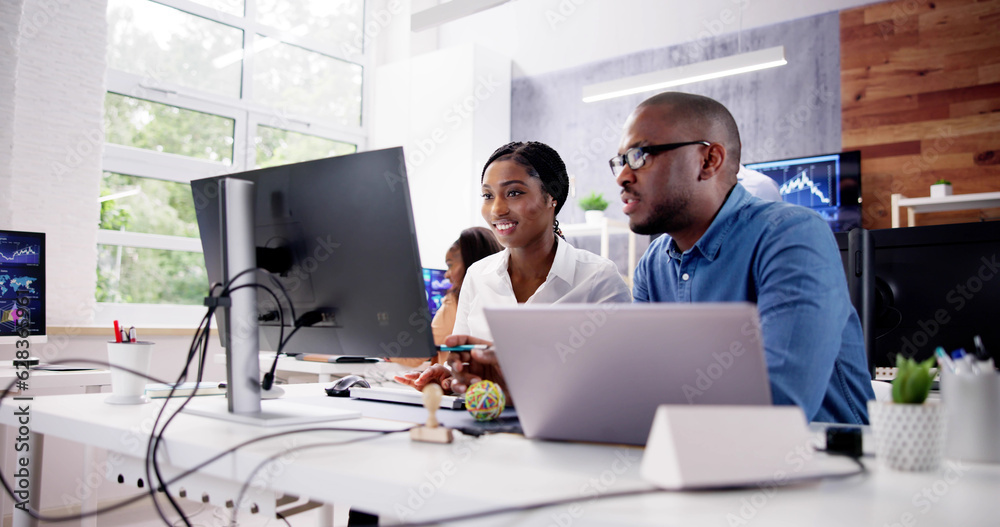 Poster african financial data analysts using dashboard on screens