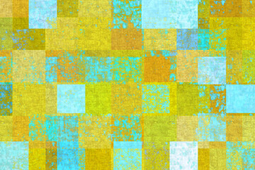 黄色と淡いターコイズブルーやエメラルドグリーンの重なり合う四角のパターンの布地のテクスチャー