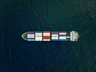Container ship in export and import business and logistics. Aerial top view - 628366530