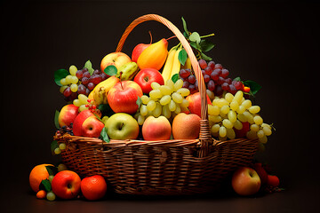 A basket of fresh fruit. Grapes and bananas. AI Generated