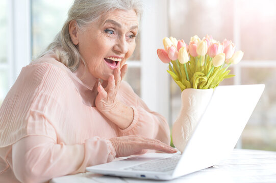Happy senior woman using laptop