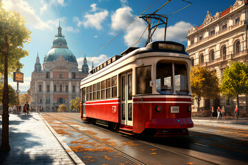 Tram in the city. Pleasant autumn in the European city. AI Generated