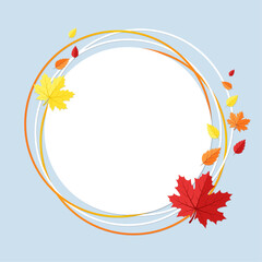 Obraz premium White frame, autumn leaves on blue background. Round vector banner with copy space. 