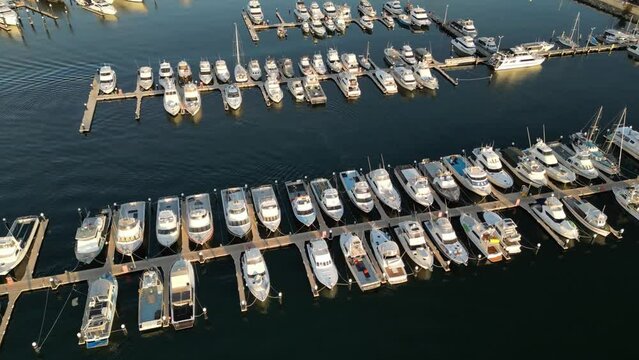 Rows of yachts and boats at Fremantle sailing club of Perth in Western Australia. Aerial drone view