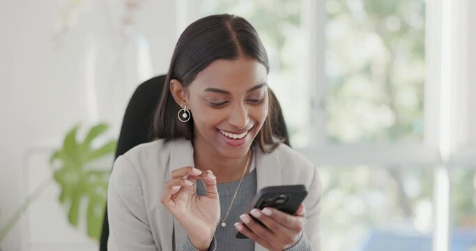 Woman, smartphone and excited in office with texting, online date and romantic web chat in workplace with smile. Secretary girl, phone and happy for contact, social media and search for love on app