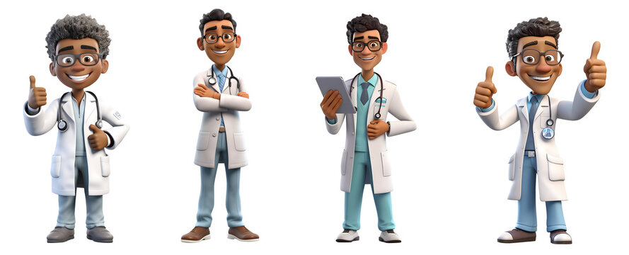 Set Of 3D Cartoon Character Smiling Doctor Young Men Standing Holding Tablet Computer, Arms Crossed, Full Body Isolated On White And Transparent Background, Ai Generate