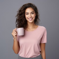 woman holding a cup of coffee mug with plain background