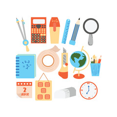 School kids and school supplies clipart illustration. Study symbols. Various classroom items. School year beginning. Education design elements.