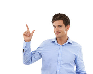 Fototapeta premium Corporate, pointing up and portrait of business man on isolated, png and transparent background. Advertising, professional and happy male person with hand gesture for promotion, information and deal