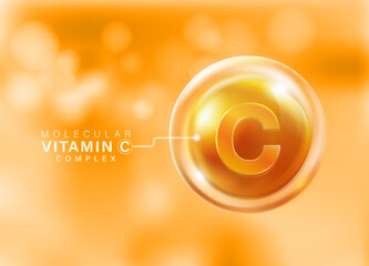 Concentrated vitamin C molecules Floating in front of an isolated orange background. Food vitamin icon template and ascorbic acid natural extract. Advertise food supplements, cosmetics, multivitamins. - obrazy, fototapety, plakaty