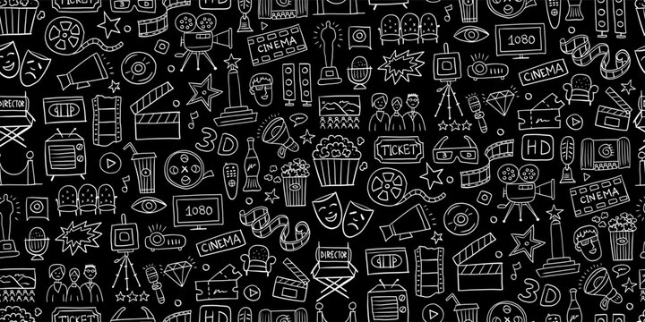 Cinema, film movie watching. Vintage seamless pattern background for your design