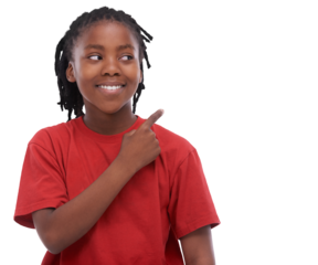 Advertising, announcement and boy kid pointing at promo deal isolated in a transparent or png background. Happy, African and young child showing a promotion, sale or choice with happiness or smile
