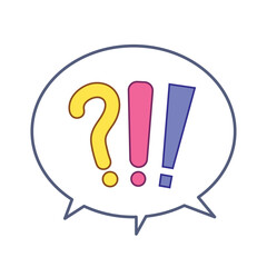 Colored yellow question and blue pink exclamation marks in speech bubble. Opinion themed vector icon illustration isolated on square white background. Simple flat outlined cartoon drawing style.