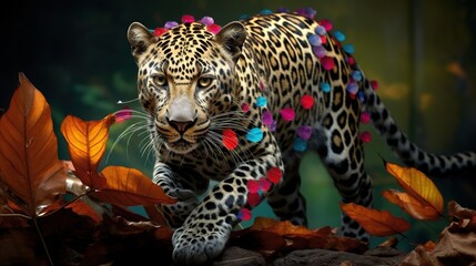  a leopard with a colorful collar is walking among leaves and flowers.  generative ai
