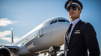 Cheerful young man airline worker smiling while standing in airfield with airplane on background
