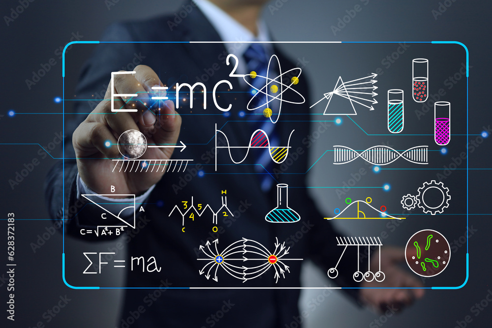 Poster a scientist or university professor of science is using a virtual chalkboard to teach or study energ
