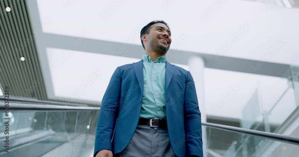 Canvas Prints Escalator, office building and businessman travel to work ready for corporate company tradeshow convention. Airport, happy and man employee at an international destination or terminal for a trip