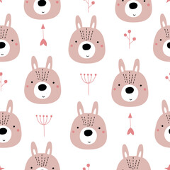 Obraz premium Seamless pattern with a cute rabbit on a white background. Vector illustration in scandinavian style for nursery decoration and textiles