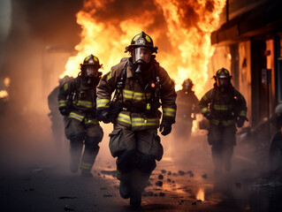 Naklejka premium Team firefighters with safety accessories running on fire. rescue and emergency.