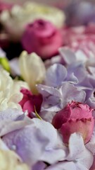 Floral natural background with blue gardenia, pink rose, white chrysanthemum close-up, vertical