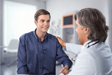 Healthcare concept, man and happy doctor talking, AI generated image