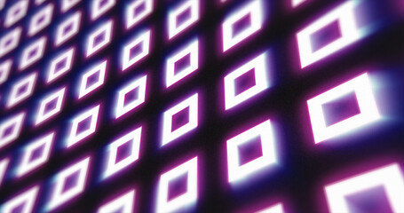 Abstract purple pattern of glowing geometric squares loop futuristic hi-tech black background