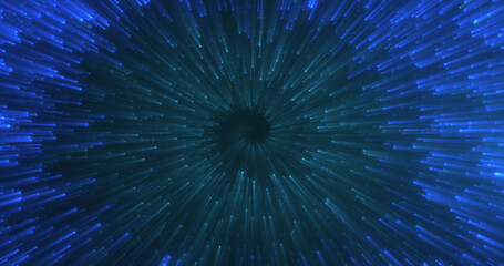 Abstract blue energy magical glowing spiral swirl tunnel particle background with bokeh effect