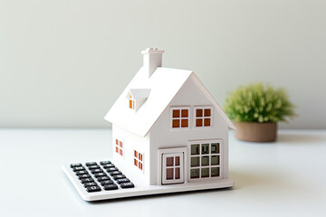 Miniature house model - calculator on table. calculations and planning when buying property. Mortgage, rent and real estate concept - obrazy, fototapety, plakaty
