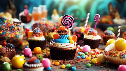 Delicious cupcakes with colorful candies and lollipops. Halloween Food - obrazy, fototapety, plakaty